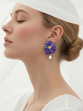 Purple Flower Drop Earrings with Pearl Accent